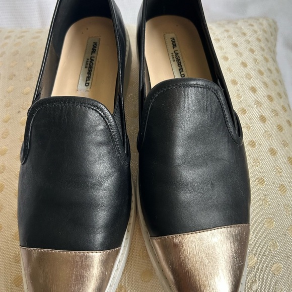 KWOT Karl Lagerfeld Leather Slip-On Shoes, black gold, flats - Picture 2 of 4